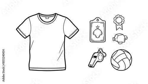 Sports equipment icons: t-shirt, whistle, volleyball, medal, badge in black white style