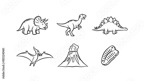 Simple dinosaur and prehistoric elements outline for kids learning