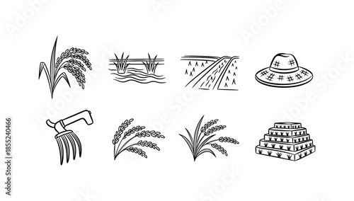 Linear farming icons: rice, hat, equipment, and terrace outlines for agricultural design