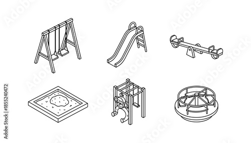 Isometric playground icons: swings, slide, seesaw, sandbox, climbing frame, merry go round