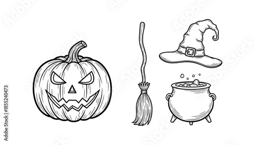 Halloween line art: pumpkin, witch's hat, broom, and cauldron
