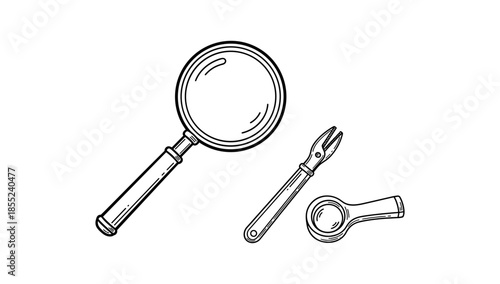 Kitchen utensils set with magnifier and fork in hand drawn style