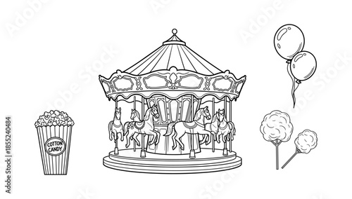 Carousel fun with popcorn and balloons in black and white line art