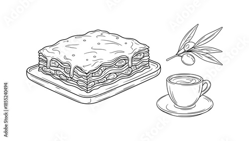 Linear style lasagna with coffee and olives: delicious food illustration