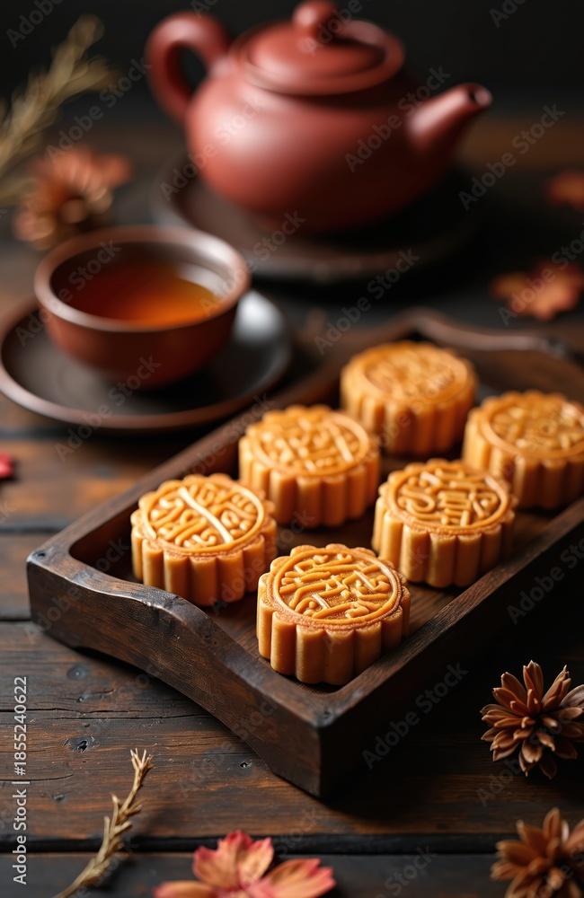 Fototapeta premium Six moon cakes sit on wooden tray near cup of tea and teapot. Traditional Chinese pastry with intricate designs. Autumnal decor accents table setting.