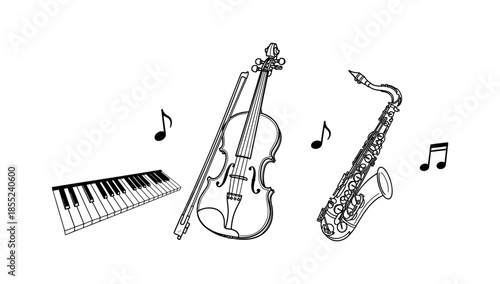 Musical instrument sketch art with piano, violin, and saxophone