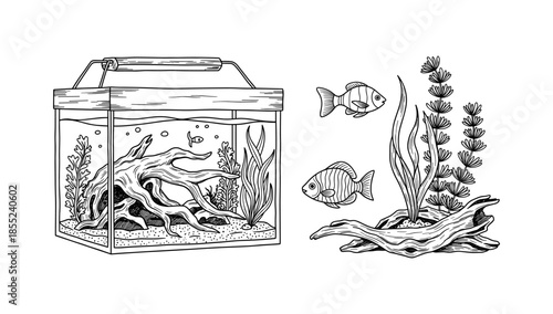 Intricate aquarium with fish and aquatic plants in detailed artwork