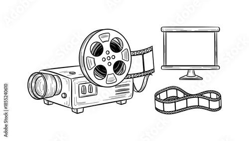 Vintage cinema projector with film reel and screen in hand-drawn style