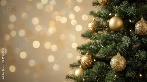 A majestic christmas tree stands tall with intricate golden ornaments and warm soft lighting on a beige background with bokeh lights