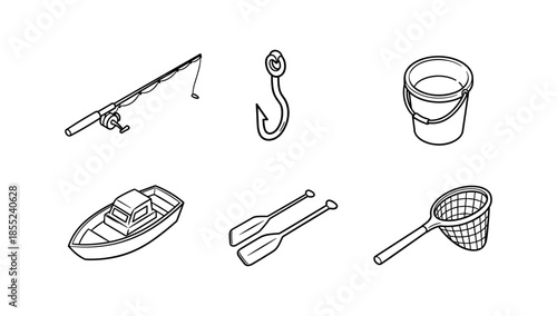 Fishing gear icon set: outline drawings of rod, hook, boat, and more