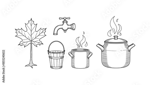 Maple syrup making: tap, bucket, and boiling pot in detailed line art