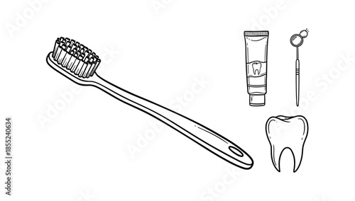 Hand drawn dental care elements: toothbrush, toothpaste, tooth, mirror on white background