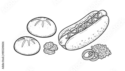 Hand drawn hot dog with buns and toppings in monochrome