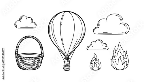 Hand drawn hot air balloon with clouds and flames in vintage style