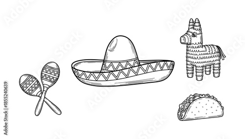 Festive mexican icons: sombrero, maracas, piñata, and taco in black and white sketch style