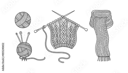 Intricate linear art of knitting patterns with yarn and needles