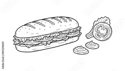 Hand drawn sandwich with ingredients: tomato, lettuce, and spread in black and white