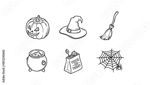 Halloween symbols: witch hat, pumpkin, broom, cauldron, trick or treat bag, spider web