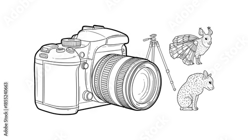 Detailed line art camera with abstract fantasy animals and photography equipment