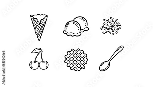 Minimalist ice cream icons: cone, scoops, sprinkles, cherries, waffle, spoon