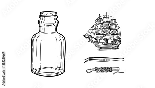 Ship in a bottle: nautical crafting with vintage line art style