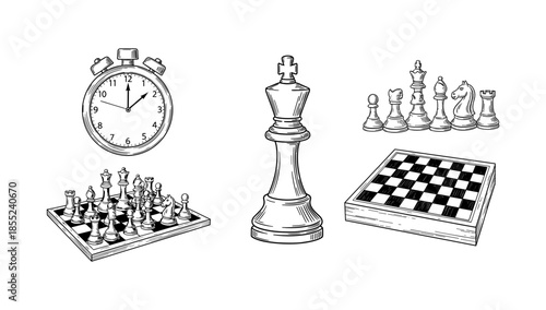 Monochrome chess concept with pieces, board, and clock in sketch style