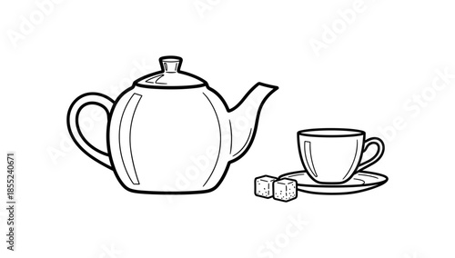 Minimalist teapot and teacup with sugar cubes outline drawing