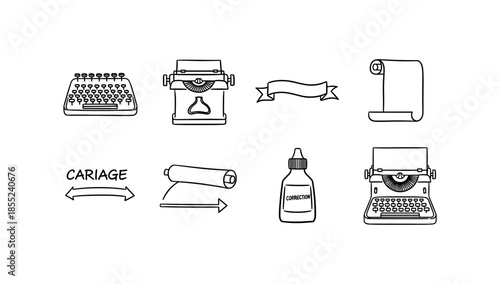 Vintage typewriter elements and accessories in linear style
