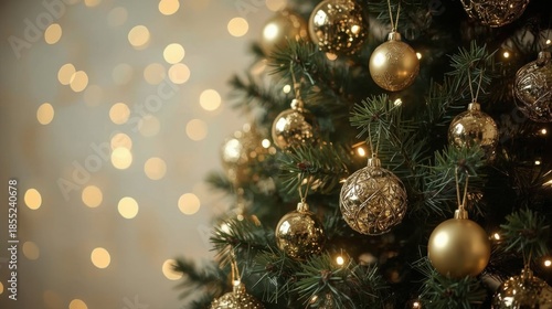 A majestic christmas tree stands tall with intricate gold ornaments and warm glowing lights on a softly blurred festive background
