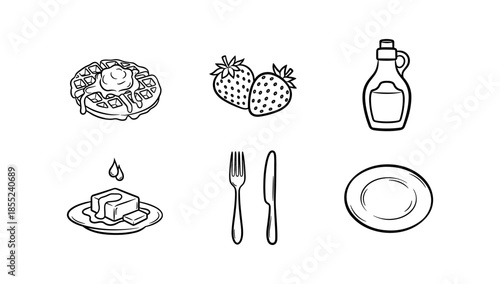 Breakfast essentials: hand drawn waffle, syrup, and utensils set