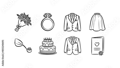 Elegant wedding elements set featuring rings, cake, bouquet, tuxedo, dress, invitation, linear style