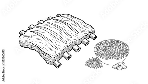 Hand drawn rib rack with noodles and spices in line art style