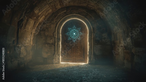 A mystical wooden door with intricate carvings and a glowing blue mandala stands ajar in a dimly lit stone archway leading to a mysterious passage or secret room