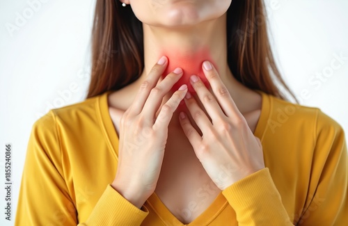 Woman touches neck with red inflamed area indicating thyroid pain or swelling. She feels discomfort. Possible nodule detection, checkup needed.