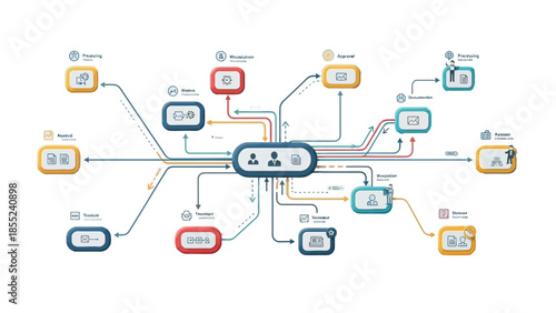 Centralized network diagram illustrates interconnected data points and functional modules branching out from a core user profile element.