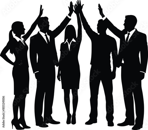Business team silhouettes giving high five together, corporate teamwork success concept, professional collaboration victory, leadership unity isolated on white background