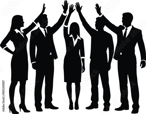 Business team silhouettes celebrating success with high five gesture, corporate teamwork achievement concept, professional collaboration victory isolated on white background