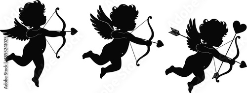 Cupid angel silhouettes flying with bow and arrow, love romance symbol concept, Valentine mythology art, playful cherub illustration isolated on white background
