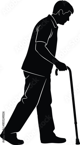 Elderly man walking with cane silhouette, senior citizen mobility support concept, aging health care assistance symbol illustration