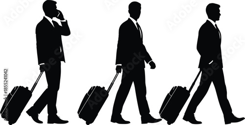 Businessman silhouette walking with suitcase, corporate travel concept, professional journey success, business trip lifestyle, isolated on white background