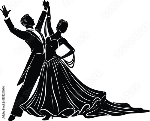 Elegant ballroom dance couple silhouette performing classic waltz pose, romantic motion art, graceful partnership isolated on white background
