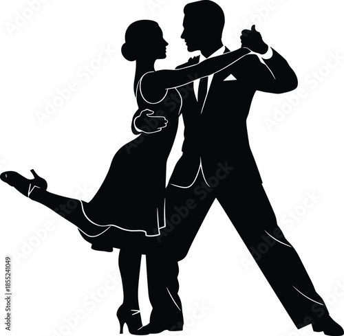 Elegant couple dancing tango silhouette, romantic ballroom dance pose, graceful partnership motion, classic love performance isolated on white background
