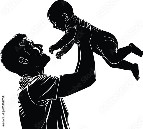 Father lifting baby silhouette, loving parent child moment, family bonding concept, tender care emotion, joyful relationship isolated on white background