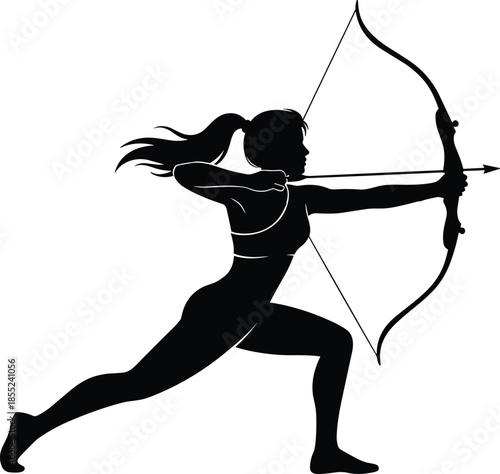 Female archer silhouette aiming bow and arrow, strength focus precision concept, archery sport action, powerful athletic stance isolated on white background
