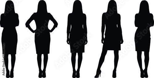 Female business woman silhouettes standing poses, elegant professional body shapes, fashion confidence concept, office style, isolated on white background