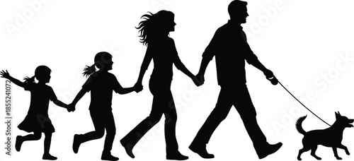 Happy family silhouette walking together with children and dog, outdoor lifestyle bonding concept, parenthood love, leisure activity isolated on white background