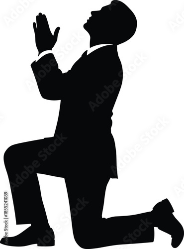 Man kneeling praying silhouette, faith spirituality concept, religious devotion hope, prayer worship moment isolated on white background, studio minimal copyspace