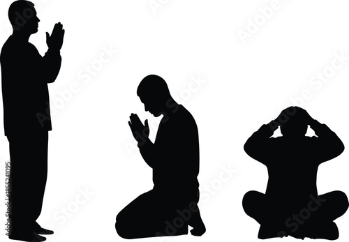 Man praying and meditating silhouettes in different poses, spirituality faith concept, inner peace reflection, mindful worship isolated on white background