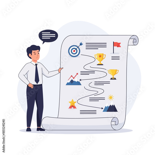 Businessman presenting a strategic roadmap on a scroll with goals and achievements illustrated