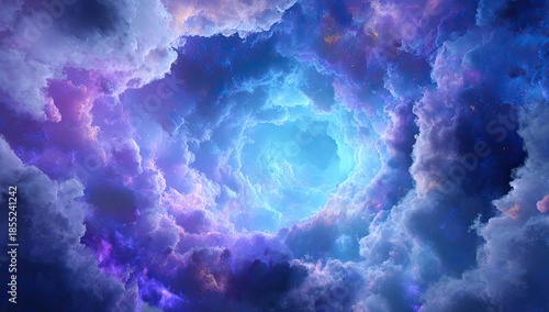 A vortex-like cloud formation reveals a celestial light, swirling through purple hues